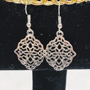 Vintage Silver Filigree Dangle, Floral Design Earrings-NWOT